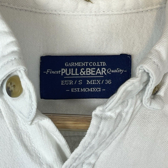 Pull & Bear Mens Small Slim Fit Icy White Cotton Denim Shirt Preppy Geek - Picture 6 of 12